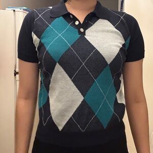 Argyle Polo Shirt in Black and Teal
